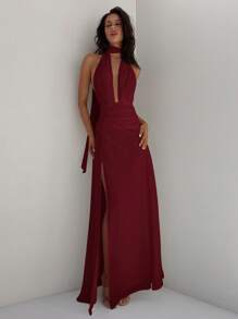 Aloruh Women's Deep V-Neck Backless Dress, Chiffon Flowing Ruffle Tie Waist A-Line Long Suitable For Weddings, Parties, Vacations, Spring/Summer Burgundy - Burgundy - View 7