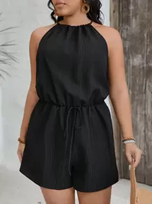 SHEIN VCAY Bộ đồ liền thân buộc eo màu trơn cỡ lớn cho nữ - màu đen - Xem 4