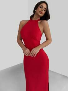 Firerie 全新 V 领褶皱腰系带露背开衩长裙，优雅浪漫约会派对礼服（红色） - 紅色 - 查看 3