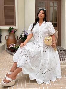 SHEIN EZwear 白色刺绣镂空大码短袖休闲连衣裙，夏季时尚 - 白色 - 查看 1