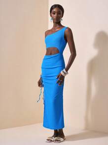 Slaydiva 新款春夏休闲度假单肩收腰镂空侧收褶高开衩至大腿蓝色波浪纹针织面料女长裙-A