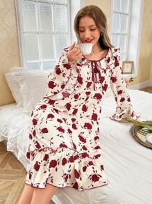 CottageSlumber Floral Print Ruffle Collar Tie Front Women's Nightgown - Multicolor - View 6