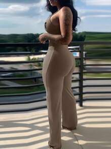 SHEIN Women's Letter Print Casual Flared Jumpsuit - Khaki - View 2