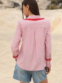 SHEIN Unity Romantic Striped Casual Versatile Collared Contrast Ruffle Hem Bowknot Front Long Sleeve Shirt Fall Cloth For Women - Multicolor - View 2