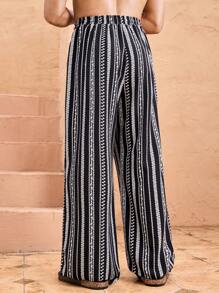 Manfinity VCAY Men's Casual Loose Waist Drawstring Straight Leg Trousers, Woven Fabric, Daily Wear