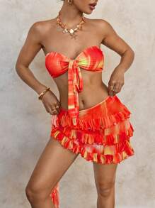 Swim Glamine 女士性感扎染印花基本款抹胸比基尼套装 - 紅色 - 查看 7