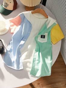 兒童男孩區塊色休閒短袖帽T