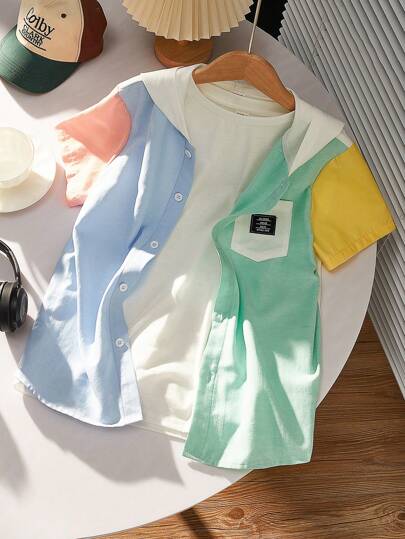 兒童男孩區塊色休閒短袖帽T