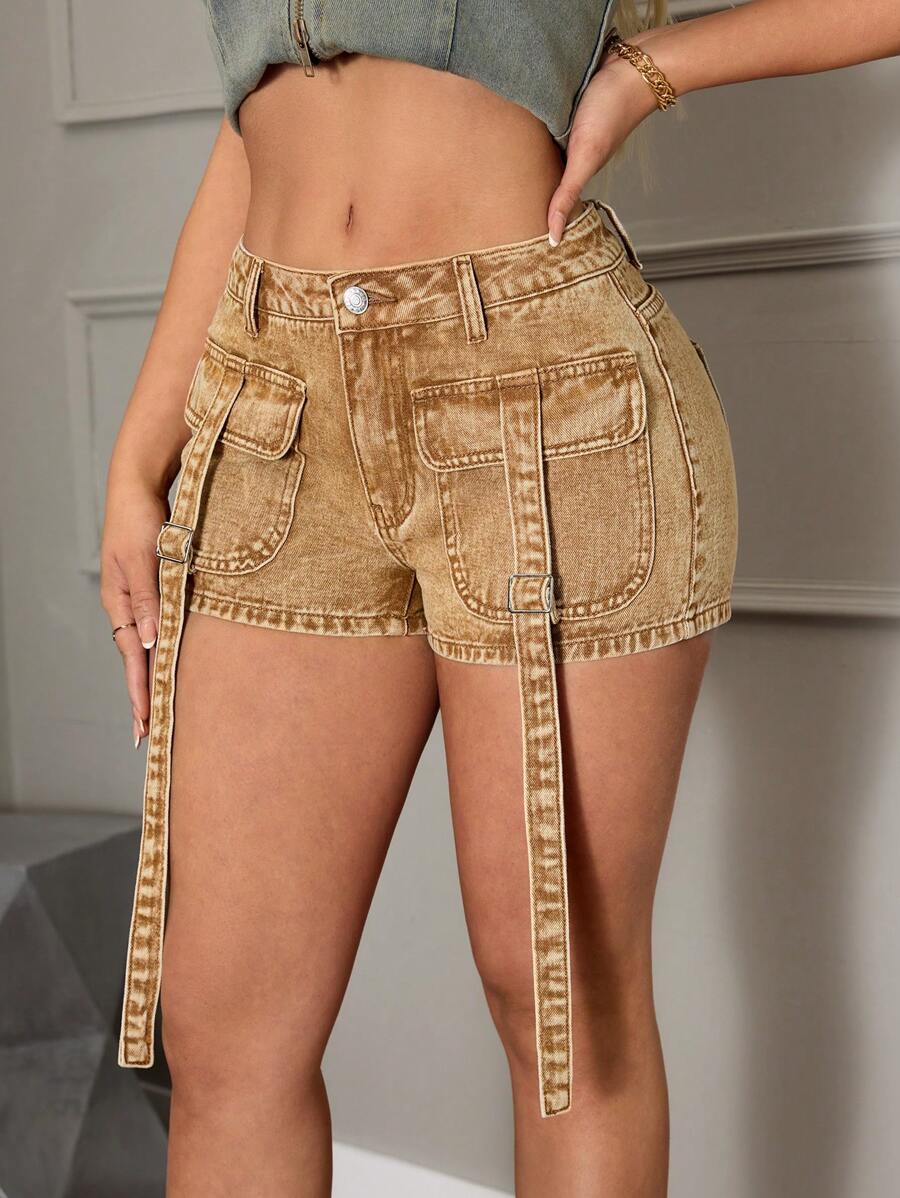 TrendSteals 美式修身性感女式牛仔短裤 - 棕色 - 查看 1