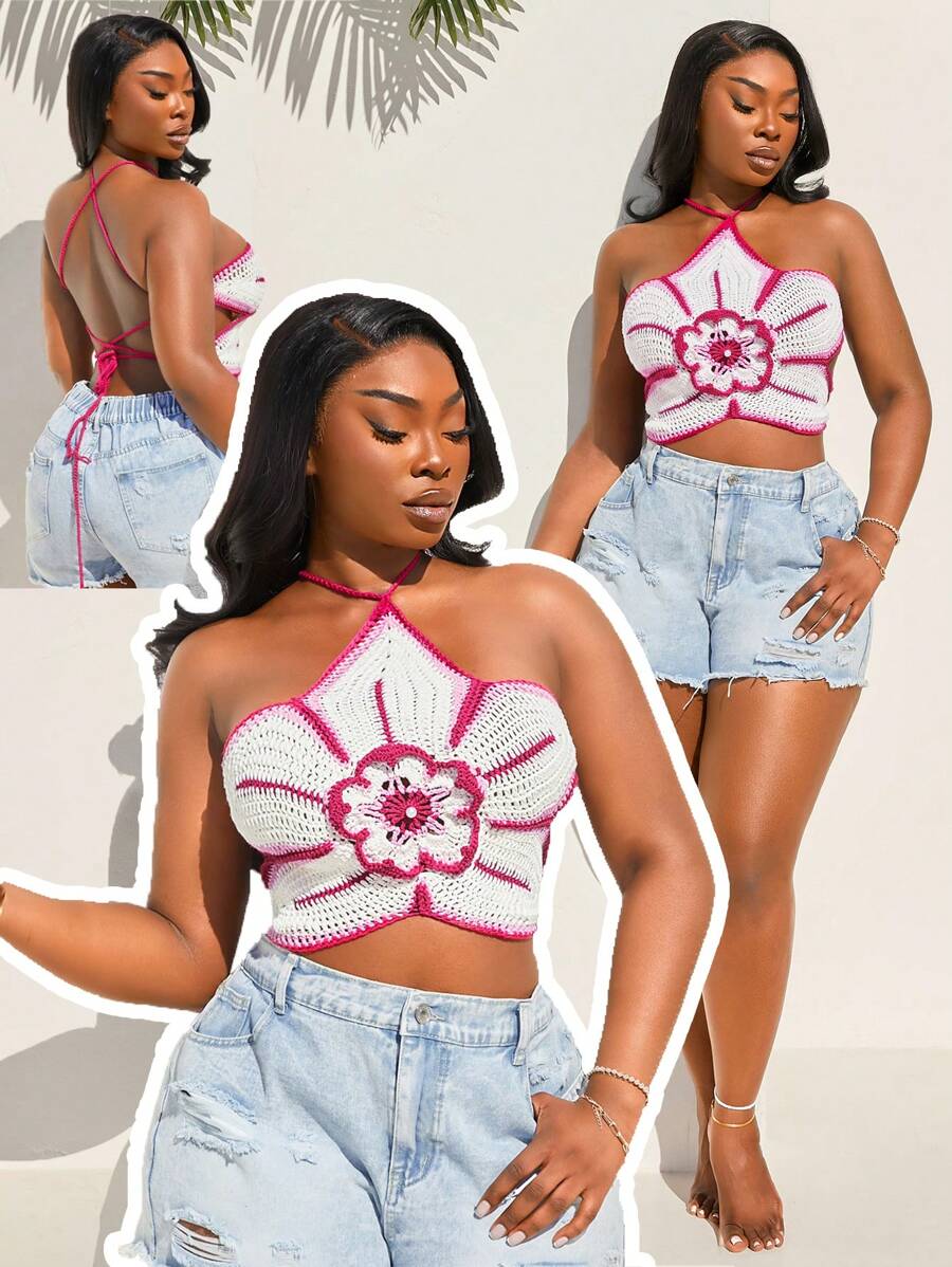 SHEIN SXY Große Größen Damen Frühling/Sommer 2025 Neue Zweischichtige Gestrickte Blüten Sexy Rückenfreie Verstellbare Trägerweste, Geeignet für Strandurlaub, Date Night, Geburtstag, Junggesellinnenabschied, Süß, Lässig, Einkaufen, Streetwear, Ausgehen, Leicht zu kombinieren & Schlank aussehend, betont Ihre Figur, schmeichelhaft