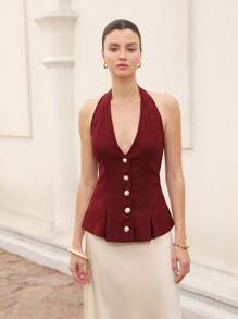 Aveloria Rosie Camiseta de tirantes elegante y de moda con cuello de tweed francés y decoración de botones - Burdeos - Ver 3