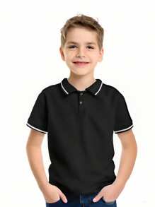 SHEIN 男童撞色滚边 Polo 衫，短袖休闲轻薄夏季款 - 黑色 - 查看 5