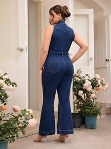 SHEIN Essnce Plus Size Casual Denim Jumpsuit, Fashionable Suitable For Summer Women Rompers - Blue - View 3