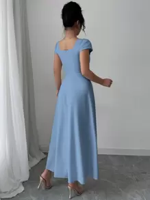 Modelyn Vestido elegante de manga raglán y cuello cuadrado con detalle cruzado en el busto, de unicolor para mujeres - Azul - Ver 3