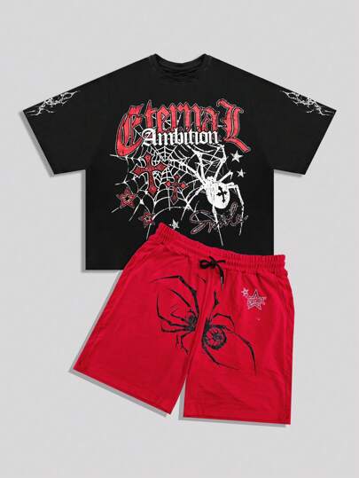 Street Life Men's Spider & Letter Print Short Sleeve T-Shirt And Shorts 2pcs Set, Halloween