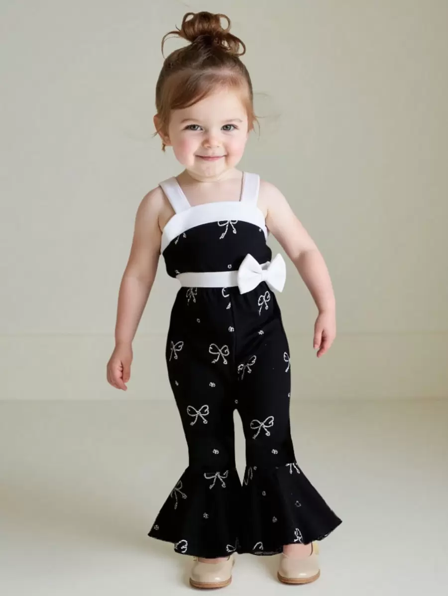 女婴 2024 夏季新款时尚别致幼儿黑色拼布白色蝴蝶结细节和小蝴蝶结点缀神秘喇叭裤 - 黑色 - 查看 1