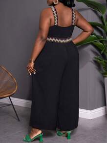 SHEIN CURVE+ Plus Size Women's Vacation Criss-Cross Wavy Striped Halter Neck Loose Wide Leg Jumpsuit Boho Vacation - Black - View 2