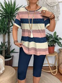 Conjunto informal de 2 piezas de blusa de cuello redondo de manga corta con bloques de color y rayas, y leggings para mujeres de talla grande, conjunto de verano para salir - Multicolor - Ver 3