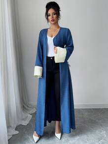 Yasmyna Women's Woven Long Sleeve Dual Color Splice Tie Waist Open Front Arabian Abaya, Modest Robe - Blue - View 6