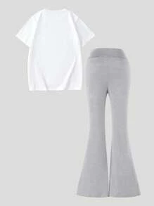 2pcs/Set Teen Girls Pink Bow White Crew Neck Short Sleeve T-Shirt And Grey Bow Print Knit Snug Fit Flared Pants Set - Multicolor - View 2