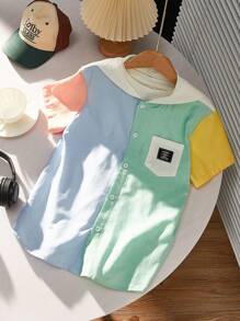 兒童男孩區塊色休閒短袖帽T