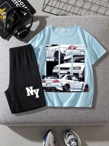 2pcs Tween Boys Casual Basic Crew Neck Short Sleeve T-Shirt & Shorts Set, Suitable For Summer - Baby Blue - View 1
