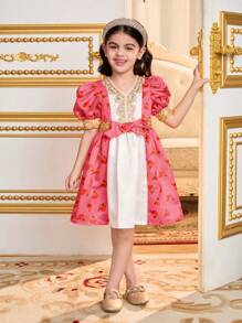 SHEIN Young Girls Purple Floral Print Princess Dress With Puff Sleeve, Suitable For School, Party, Decoration, Girls Daily Wear, Family Occasions And Special Celebrations - Pink - View 3
