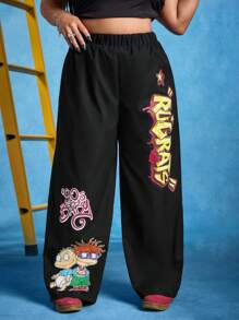 Nick 90s X SHEIN Pantalones holgados de talla grande con estampado gráfico de niños de cómics de dibujos animados negros en estilo Y2K, para primavera/verano, rave, conciertos, festivales, estilo callejero occidental vaquero, retro de los 90