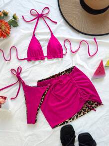 Soleia Set de 3 piezas de bikini para mujer con estampado de leopardo y color rojo, ideal para vacaciones