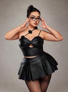 SHEIN ICON Plus Size Black Elastic Knit Front Twist Tank Top For Women, 3D Floral Decor Tank Top