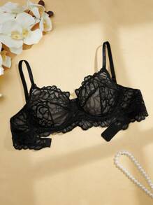Charlaine Romantic, Elegant, Sexy, Sheer, Comfy Soft Floral Lace 3/4 Cup Underwired Lingerie Bra For Women, Black, Daily Wear - Black - View 8