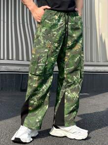 Manfinity LEGND Men's Youthful Street INS Best-Selling Pants.Men's Street Leaf-Print Loose-Waisted Trousers With Split Stitching At The Feet Are Suitable For Everyday Outdoor Favorites Cool Clothing.Men's Street Style Dead Tree Print Patchwork Ankle Split Pants