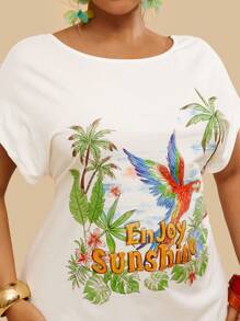 Travachic Tropischer Muster Große Größen Lässig Urlaub Strand lose Off-Shoulder Papagei Palme Gestricktes T-Shirt Kleid, Frauen Große Größen