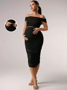 MaterniChic 2pcs/Set Maternity Off Shoulder Crop Top & Ruched Skirt Set Baby Shower Summer Outfits - Black - View 1