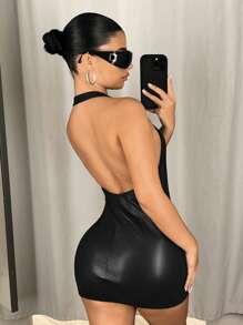 SHEIN ICON Plunging V-Neck Two-Way Zipper Bodycon Mini PU Leather Dress - Black - View 3