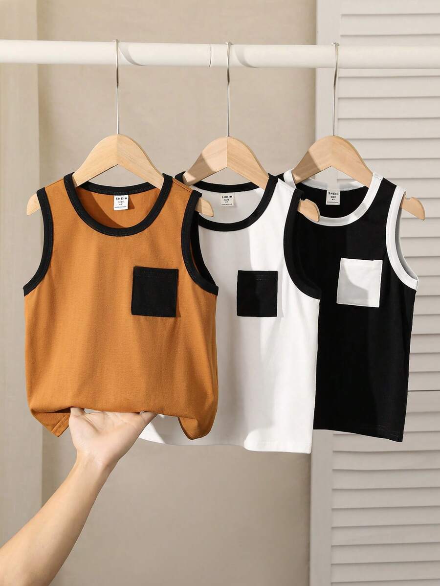 SHEIN 3 pièces/set Haut décontracté et confortable avec blocs de couleurs pour jeune garçon - Kaki - Voir 1
