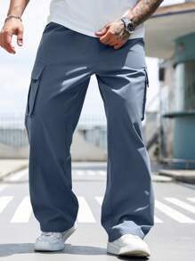 Manfinity Homme Plus Size Men's Casual Solid Color Drawstring Waist Cargo Pants - Dusty Blue - View 3