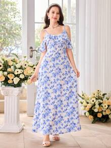SHEIN Girlism Vestido sin mangas con estampado floral azul y blanco y volantes en el bajo, adecuado para festivales, fiestas, temporada de regreso a clases, ceremonias de graduación, damas de honor, bodas, invitados de boda, elegante