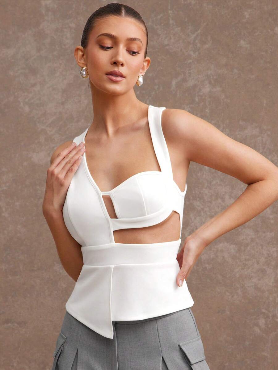 L'Amorae 夏季女士，女士，优雅不对称镂空春季紧身胸衣白色上衣，女式上衣，女式背心，夏季上衣，背心，夏季女式上衣。适合约会之夜、音乐会、派对、俱乐部、晚会、音乐节 - 白色 - 查看 1