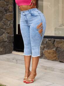 SHEIN SXY Plus Size Women's Stretch Denim Jeans, Leg Criss-Cross Hollow Design, Skinny Slim Fit Capri Pants - Light Wash - View 1