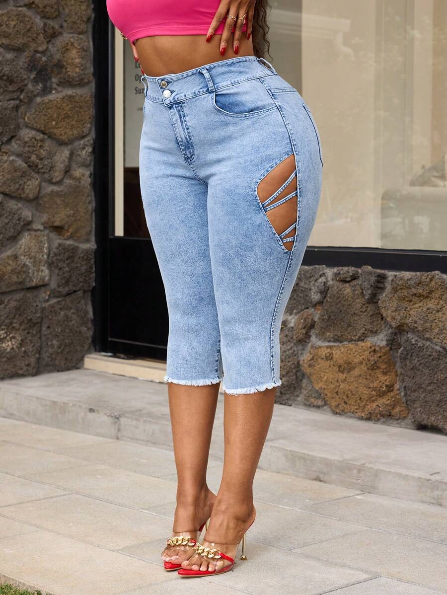 SHEIN SXY Plus Size Women's Stretch Denim Jeans, Leg Criss-Cross Hollow Design, Skinny Slim Fit Capri Pants - Light Wash - View 1