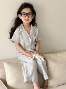 DAZY Young Girl Plaid Short Sleeve Top And Long Pants Pajama Set, Spring/Summer - Grey - View 6