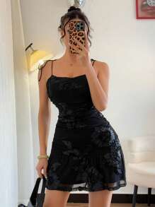 Elenzga Damen neue hochwertige elegante exquisite bestickte Netz-Mehrschichtiges Ärmellos Eng anliegendes Gerafftes Taillenschnürung Mini-Kleid mit Rüschensaum, Sexy, elegant, raffiniert für Party, Bankett - Schwarz - Übersicht 5