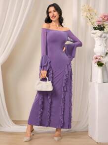 Modelyn Vestido casual extra largo de unicolor con hombros descubiertos, manga larga y parches de malla para mujer - Morado - Ver 3