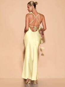 SHEIN BAE 春夏女式派对碎花细肩带露背垂坠领度假连衣裙、婚礼宾客连衣裙 - 黃色 - 查看 2