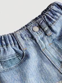 SHEIN Baby Jungen Straßen coole Baumwolle bedruckte, locker geschnittene gerade geschnittene blaue Jeans, Baby Frühlings-/Sommer Kleidung Streetwear Outfits