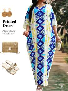 Fleurora   Spring And Summer Autumn And Winter Elegant Navy Blue Woven Notched Kaftan Dress Plus Size Dresses Summer Dresses For Women Vacation Outfits Woman Beach Outfits For Woman - Blue - View 1