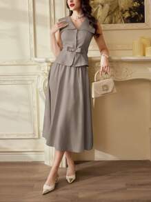 Vintamour Women's Retro Elegant 2 Pieces Suit Set, V-Neck Sleeveless Blouse, Bow Belt Decor, A-Line Skirt, Casual Office Wear Autumn Winter Clothes For Women Modest - Coffee Brown - View 4