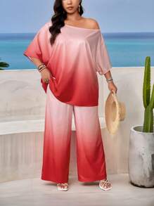 SHEIN Clasi Plus Size Ombre Raglan Top + Wide Leg Pants Set,Beach Outfits