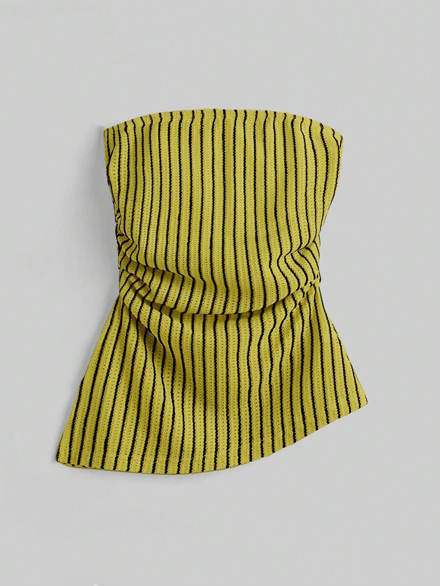 SHEIN EZwear 大码女式条纹不对称下摆紧身胸衣上衣 - 綠色 - 查看 1